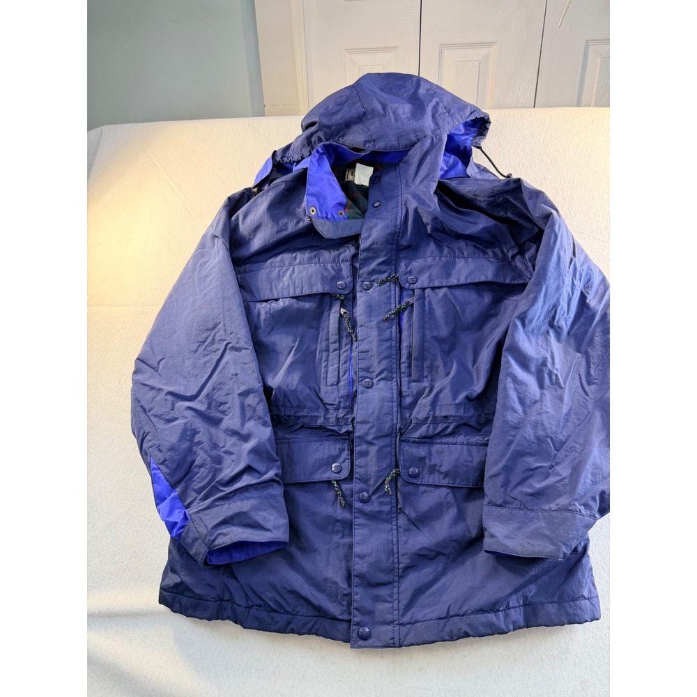 LL Bean Vintage Blue Mountain Parka Jacket Wool Plaid Lined Hooded Mens Large